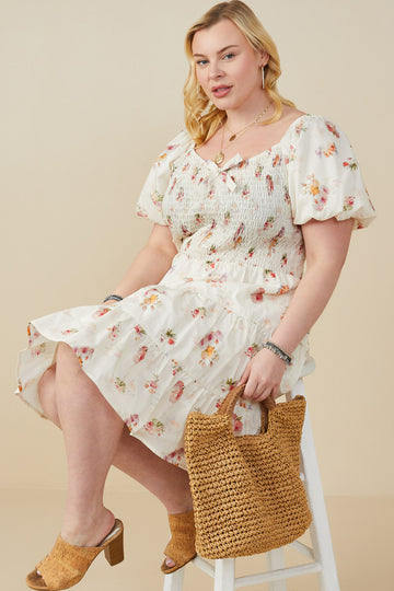 HY9415W Cream Plus Bow Detailed Smocked Textured Floral Dress Pose